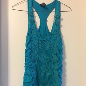Turquoise gathered tank blouse with lace